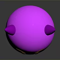 Pink Sphere Cartoon Creature With Purple Horns Brown Eyebrows And Smiling Mouth On Gray Background