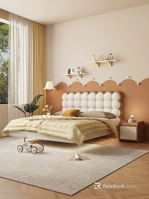 Beige Bedroom Interior With Arched Wall Decor Tufted Headboard Bed Green Plant And Toy Bicycle 3d model 