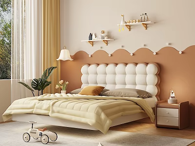 Beige Bedroom Interior With Arched Wall Decor Tufted Headboard Bed Green Plant And Toy Bicycle 3d model