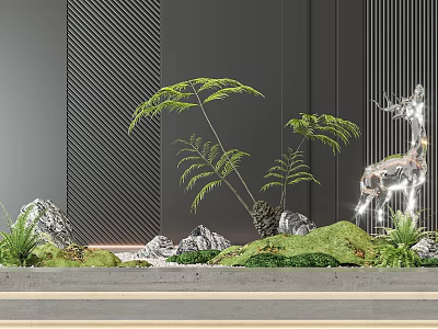 Garden Ornamental Arrangement With Green Ferns Natural Rocks Silver Deer Sculpture And Gray Striped Wall 3d model