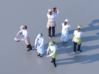 Group of Professional Kitchen Staff in White and Green Aprons Preparing Food Together 3d model