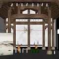 Traditional Tea Room Interior With Wooden Beams Green Plants And Tea Sets