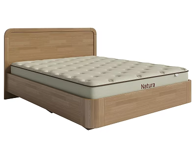 Double Bed with Wooden Headboard and Frame Light-Colored Natural Labeled Mattress 3d model