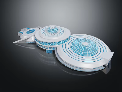 Cartoon Scenery Featuring Three Round Buildings With Blue Grid And White Structure Design 3d model