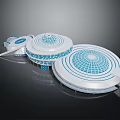 Cartoon Scenery Featuring Three Round Buildings With Blue Grid And White Structure Design