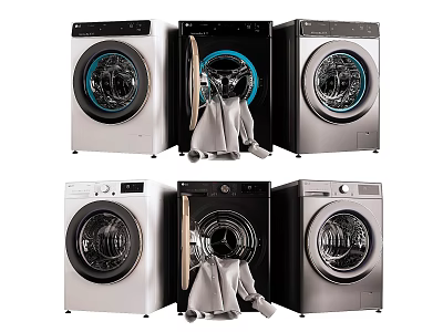 Various Color Washing Machines With Open Doors Drum Design And Towels 3d model
