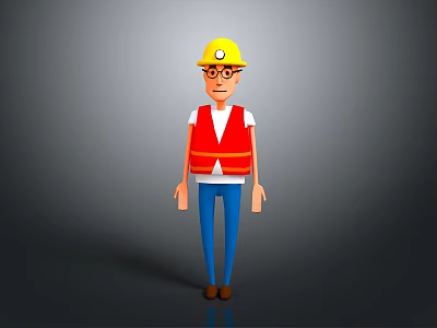 3D Construction Worker With Yellow Hard Hat Red Reflective Vest Blue Pants And Brown Shoes 3d model