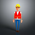 3D Construction Worker With Yellow Hard Hat Red Reflective Vest Blue Pants And Brown Shoes
