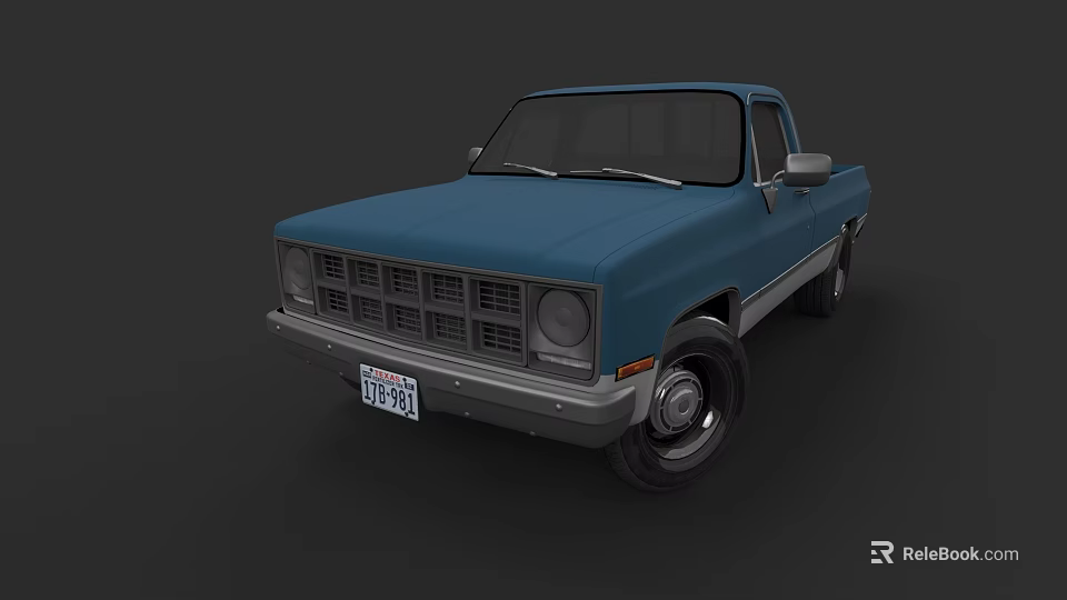 Classic Blue Pickup Truck With Front Grille Single Cab And Black Wheels 3d model 