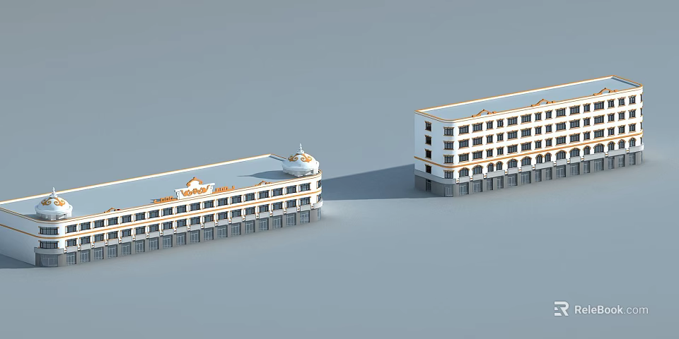 Two White Multi Storey Residential Buildings With Balconies And Decorative Roofs 3d model 