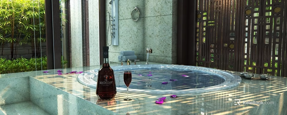 Luxurious Round Bathtub with Floating Rose Petals Whiskey Bottle and Wine Glass Marble Wall 3d model 