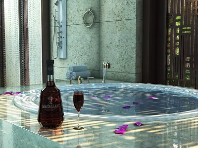 Luxurious Round Bathtub with Floating Rose Petals Whiskey Bottle and Wine Glass Marble Wall 3d model