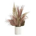 White Striped Ceramic Vase With Brown Green Feathery Decorative Plants Arrangement