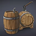 Wooden Storage Barrels With Axe Faucet And Metal Bands For Home Use