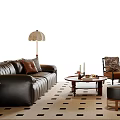 Modern Black Leather Sofa and Coffee Table with Throw Pillows Floor Lamp on Checkered Rug