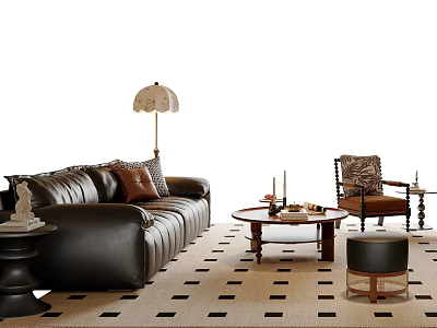 Modern Black Leather Sofa and Coffee Table with Throw Pillows Floor Lamp on Checkered Rug 3d model