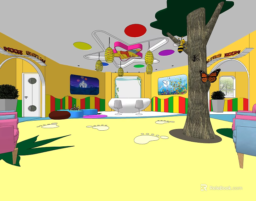 Vibrant Kindergarten Interior With Yellow Walls Colorful Decorations Big Tree Butterfly Sofas TV Footprint Carpet 3d model 