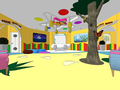 Vibrant Kindergarten Interior With Yellow Walls Colorful Decorations Big Tree Butterfly Sofas TV Footprint Carpet 3d model
