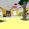 Vibrant Kindergarten Interior With Yellow Walls Colorful Decorations Big Tree Butterfly Sofas TV Footprint Carpet