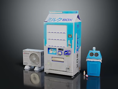 Commercial Milk Vending Machine With Blue White Design Fan And Trash Bin 3d model