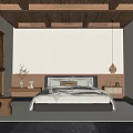 Serene Double Bed Interior With Wooden Ceiling Bamboo Blinds And Pendant Light
