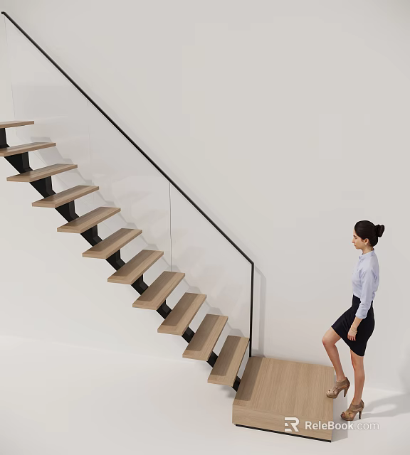 Modern Staircase Interior Design with Wooden Steps Glass Railing and Person Walking 3d model 