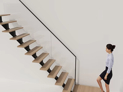 Modern Staircase Interior Design with Wooden Steps Glass Railing and Person Walking 3d model