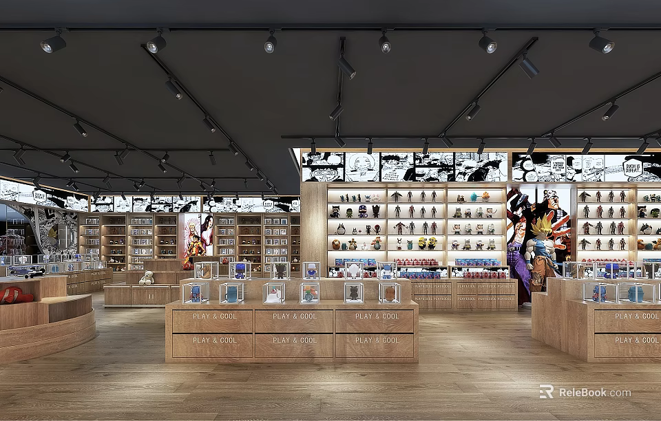 Modern Shopping Mall Store With Wooden Shelves Skincare Displays And Black Ceiling Lights 3d model 