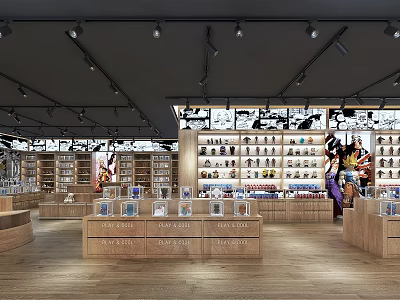 Modern Shopping Mall Store With Wooden Shelves Skincare Displays And Black Ceiling Lights 3d model