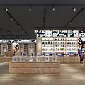Modern Shopping Mall Store With Wooden Shelves Skincare Displays And Black Ceiling Lights