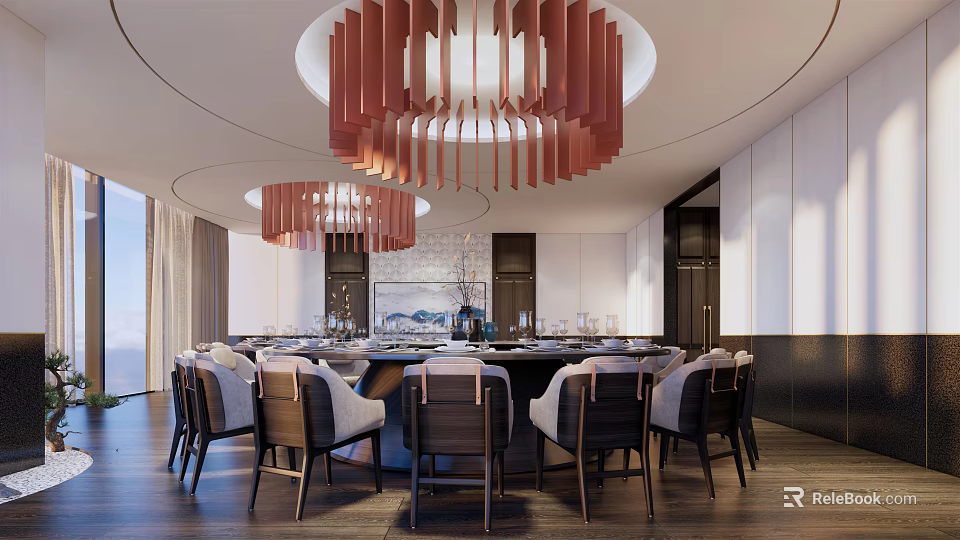 Modern Luxurious Private Dining Room Interior With Round Dining Table And Red Pendant Lights 3d model