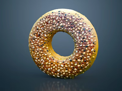 Golden Shiny Seed Covered Bagel with Sesame and Poppy Seeds on Dark Background 3d model