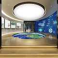 Modern Tech Exhibition Hall With Circular Booth Display Screens And Data Charts 3d model