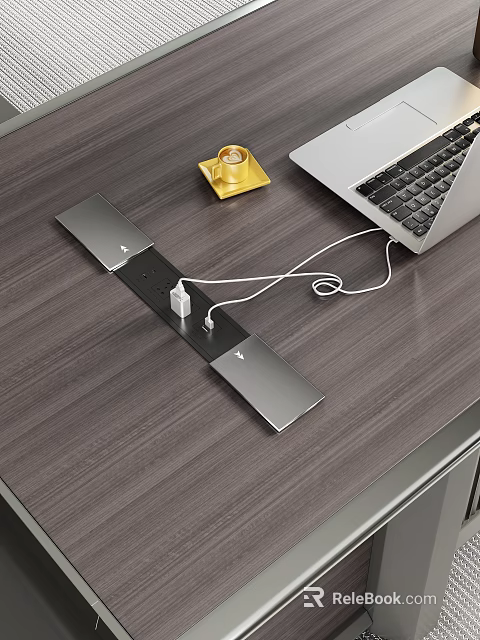 Sleek Desktop Switch Panel With Wooden Tabletop Connected Laptop Charging Ports And Coffee Cup 3d model 