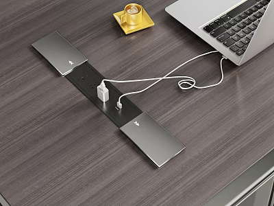 Sleek Desktop Switch Panel With Wooden Tabletop Connected Laptop Charging Ports And Coffee Cup 3d model