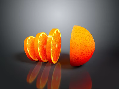 Fresh Orange Fruit Sliced Pieces And Half With Reflection On Dark Surface 3d model