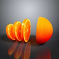 Fresh Orange Fruit Sliced Pieces And Half With Reflection On Dark Surface