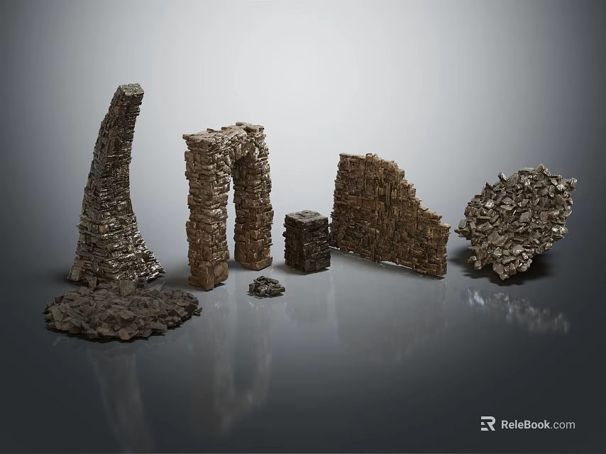 Textured Stone Structures In Various Shapes Displayed On Gray Reflective Surface 3d model