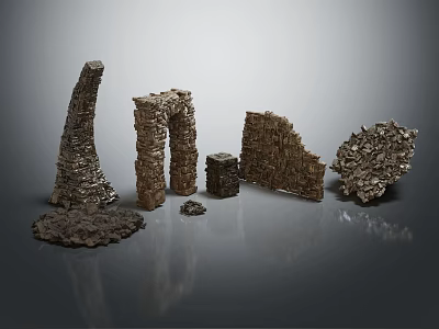 Textured Stone Structures In Various Shapes Displayed On Gray Reflective Surface 3d model