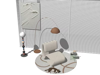 Modern Light Single Sofa On Rug With Floor Lamp Side Table Artwork Against Window Blinds 3d model