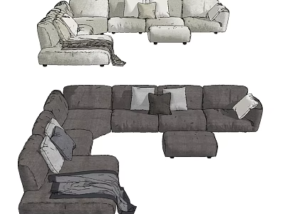 Modern Sectional Sofa Set With Ottoman Multiple Decorative Pillows And Throw Blanket 3d model