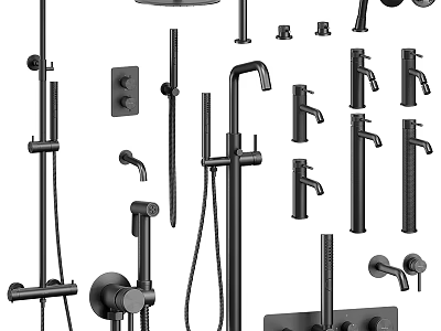 Modern Bathroom Accessories Set With Black Faucets Showerheads Handheld Showers And Towel Racks 3d model