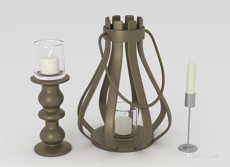 Modern Candle Lantern Set with Metal Frame Glass Shade and White Candle Holders 3d model 