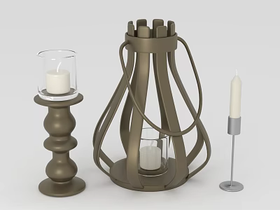 Modern Candle Lantern Set with Metal Frame Glass Shade and White Candle Holders 3d model