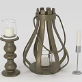 Modern Candle Lantern Set with Metal Frame Glass Shade and White Candle Holders