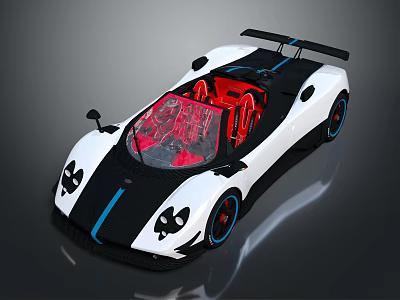White Convertible Super Car with Black Stripes Red Seats and Blue Rims 3d model