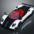 White Convertible Super Car with Black Stripes Red Seats and Blue Rims