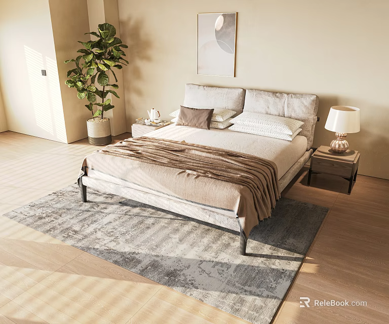 Modern Double Bed With Upholstered Headboard Gray Rug Nightstand Table Lamp And Green Plant 3d model 