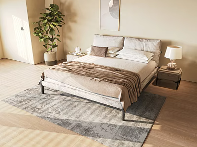 Modern Double Bed With Upholstered Headboard Gray Rug Nightstand Table Lamp And Green Plant 3d model