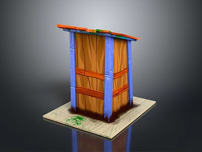 Wooden Panel Structure With Blue Frame Orange Roof And Green Details On Platform Base 3d model
